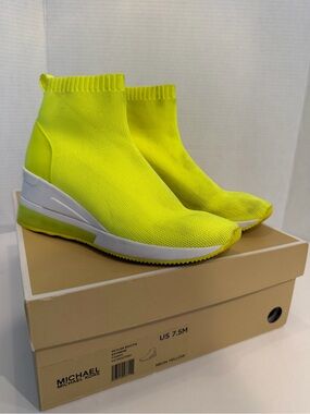 Michael Kors Neon Yellow Knit Wedge Sock Sneakers 7.5